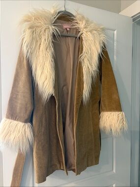 Faux Fur Trim Corduroy Coat in Camel and Cream